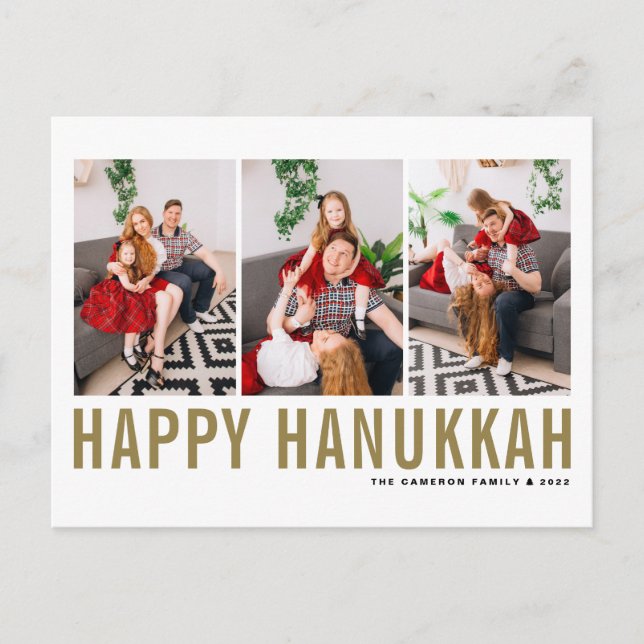 Gold Typography Photo Collage Happy Hanukkah Holiday Postcard (Front)