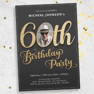 Gold Typography Photo Modern 60th Birthday  Invitation