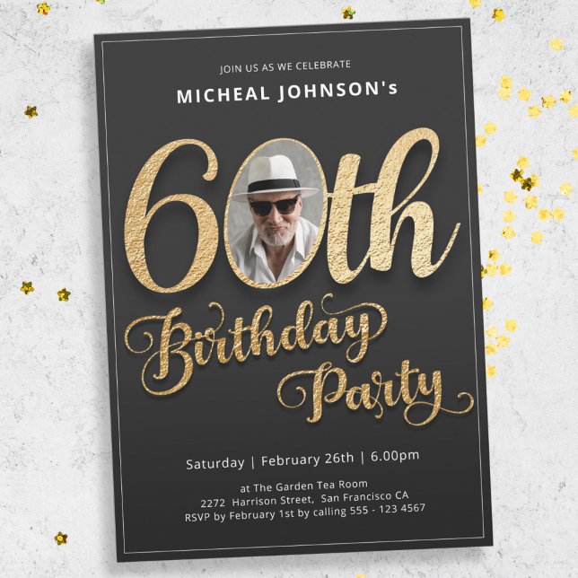 Gold Typography Photo Modern 60th Birthday  Invitation (Mockup View)