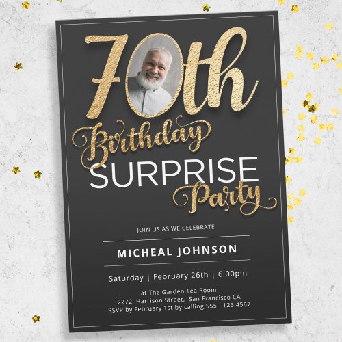 Gold Typography Photo Surprise 70th Birthday  Invitation
