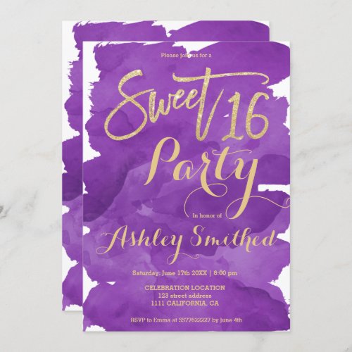 Gold typography purple watercolor brush Sweet 16 Invitation