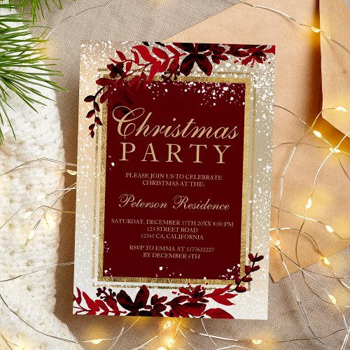 gold typography red leaf snow elegant Christmas Invitation