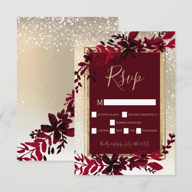 gold typography red leaf snow elegant winter rsvp card (Front/Back)