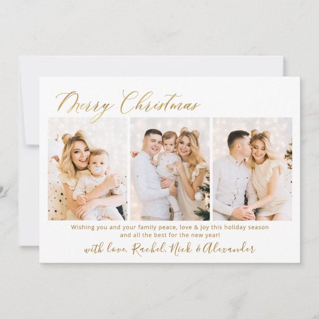 Gold Typography Script 3 Multi Photo Christmas Holiday Card (Front)