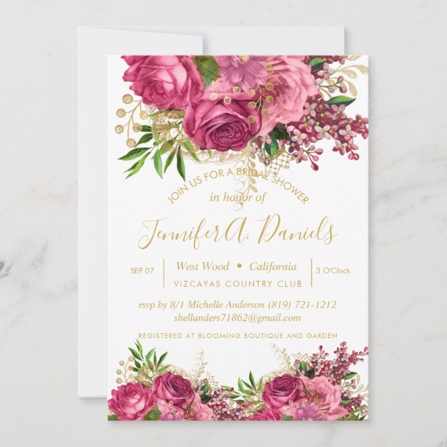 Gold Typography Script Floral Roses Bridal Shower Invitation (Front)