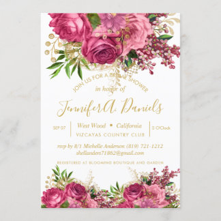 Gold Typography Script Floral Roses Bridal Shower Invitation