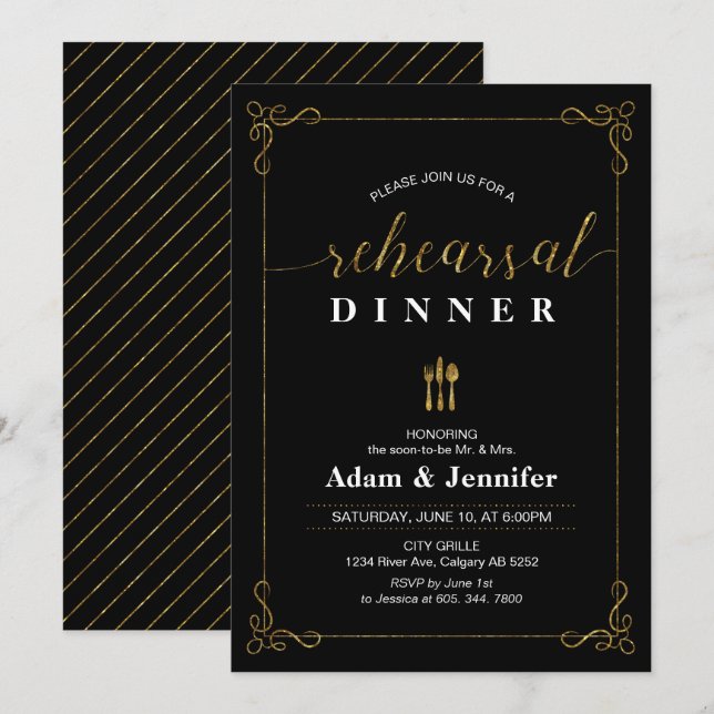 Gold Typography Wedding Rehearsal Dinner Card (Front/Back)