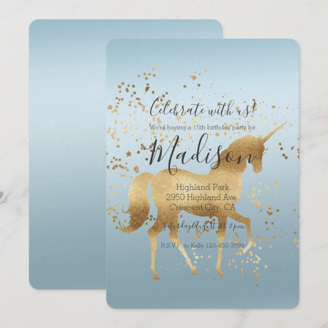 Gold Unicorn Aqua Ombre birthday Invitation (Front/Back)
