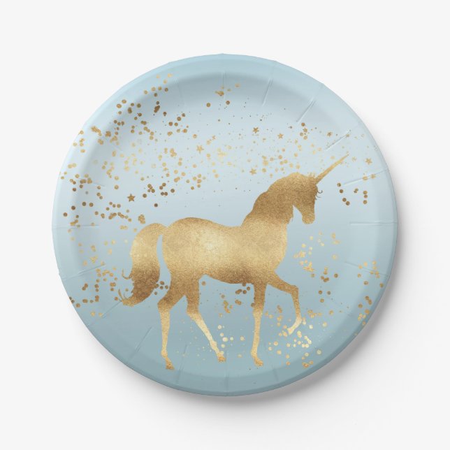 Gold Unicorn Aqua Ombre Paper Plates (Front)