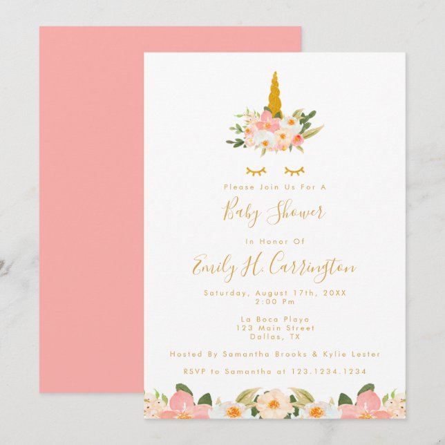 Gold Unicorn Baby Shower Invitation (Front/Back)
