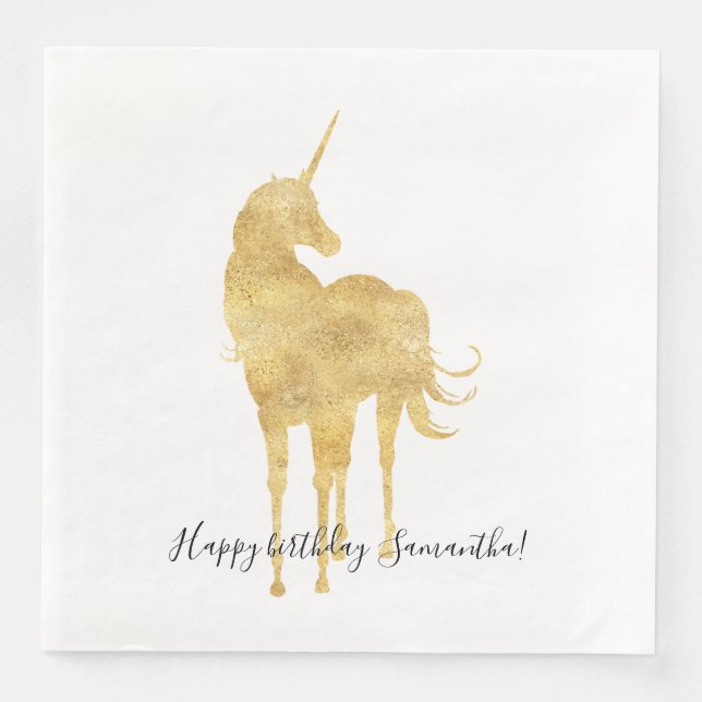 Gold Unicorn Birthday Paper Dinner Napkins (Front)