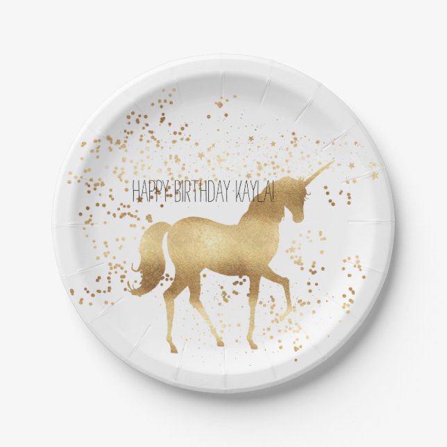 Gold Unicorn birthday Paper Plates (Front)