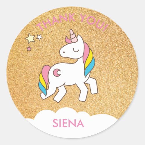 Gold Unicorn Birthday Party Thank You Classic Round Sticker