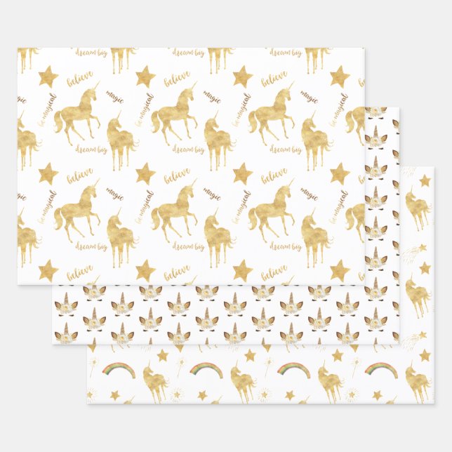 Gold Unicorn Birthday Wrapping Paper Sheets (Set)