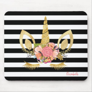 Gold Unicorn Face,Black White Stripes Mouse Pad