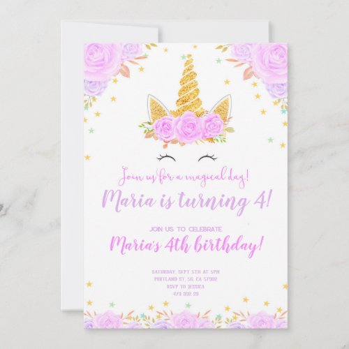 Gold Unicorn face floral Birthday Invitation