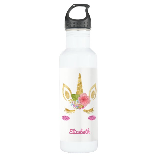 Gold Unicorn Face Stainless Steel Water Bottle (Front)