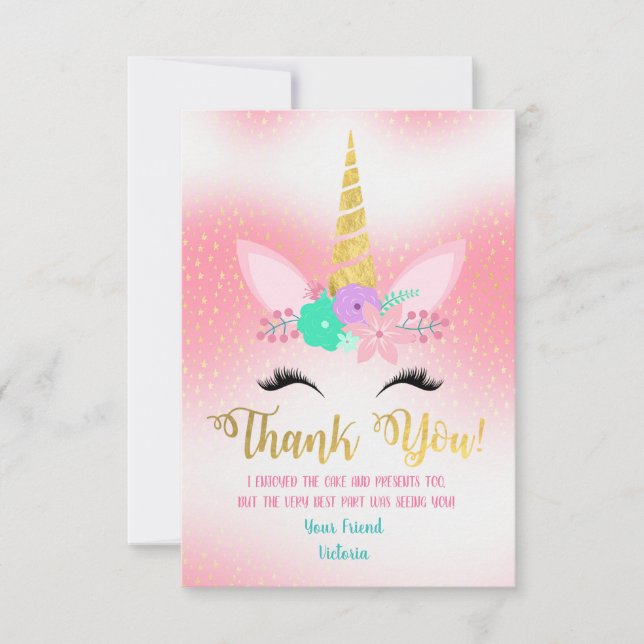 Gold Unicorn Floral Thank you note cards (Front)