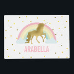 Gold Unicorn Girl Placemat<br><div class="desc">Adorable kid's custom place mat featuring a cute gold unicorn and rainbow illustration.</div>