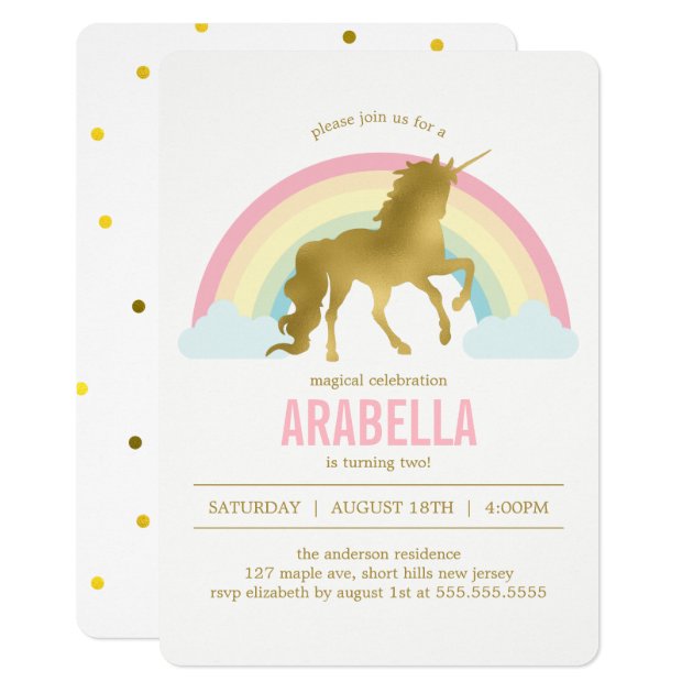 Gold Unicorn Girls Birthday Party Invitation