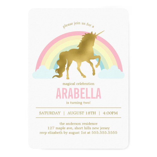 Gold Unicorn Girls Birthday Party Invitation