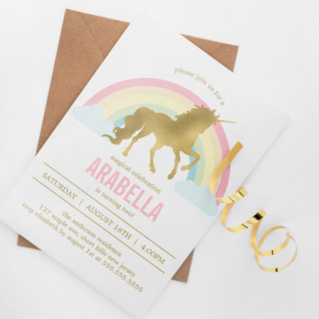 Gold Unicorn Girls Birthday Party Invitation