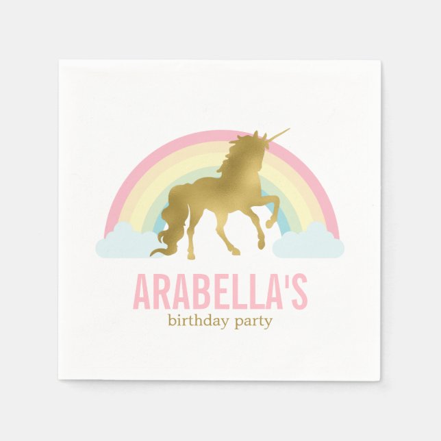 Gold Unicorn Girls Birthday Party Paper Napkins (Front)