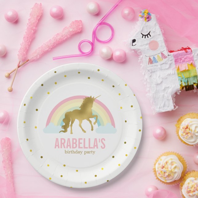 Gold Unicorn Girls Birthday Party Paper Plates (Party)