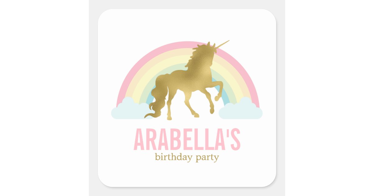 Gold Unicorn Girls Birthday Party Square Sticker Zazzle Com