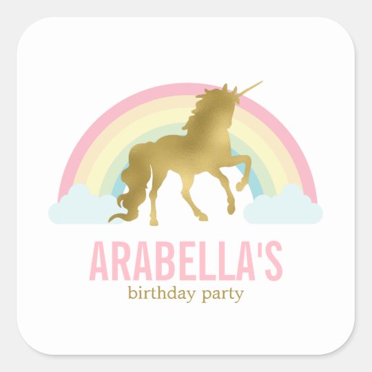 gold unicorn girls birthday party square sticker zazzlecom