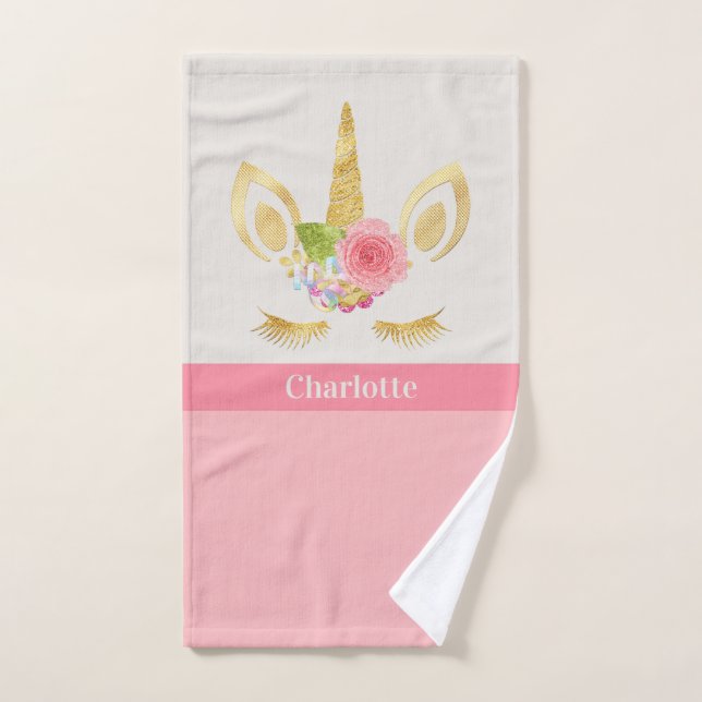 Gold Unicorn Peach Pink Trim Personalized Bath Towel Set (Hand Towel)