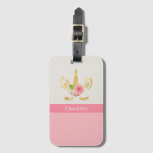 Gold Unicorn Peach Pink Trim Personalized Luggage Tag