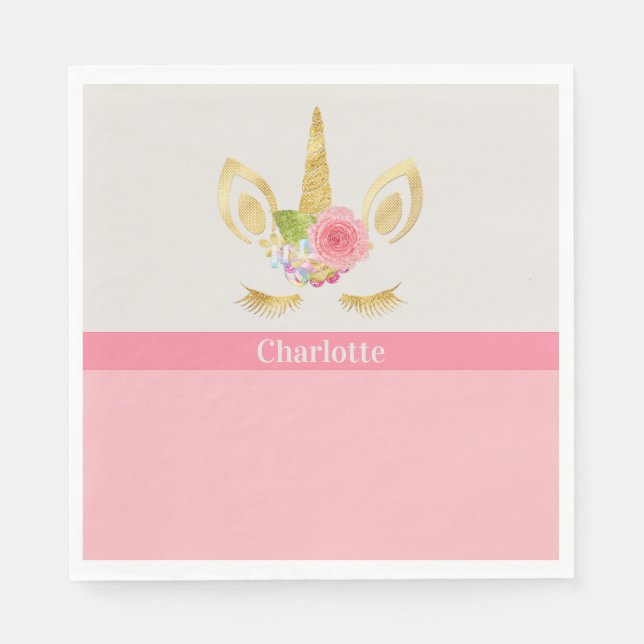 Gold Unicorn Peach Trim Personalized Paper Napkins (Front)