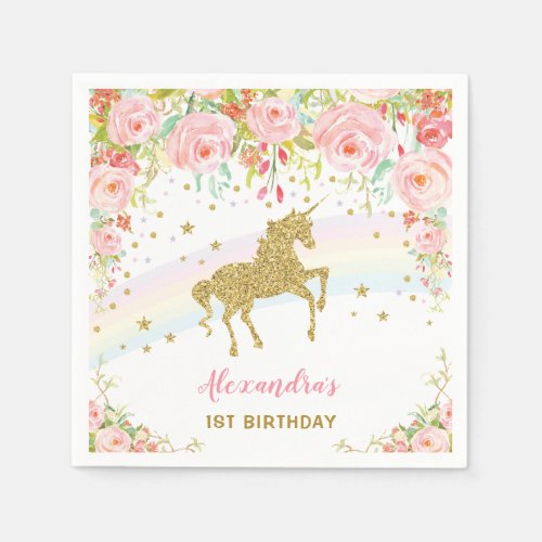 Gold Unicorn Pink Floral Birthday Paper Napkin