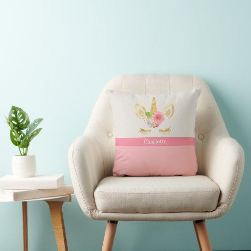Gold Unicorn Pink Peach Trim Personalized Throw Pillow