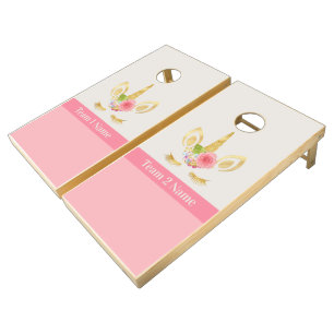 Gold Unicorn Pink Personalized Team Names Cornhole Set