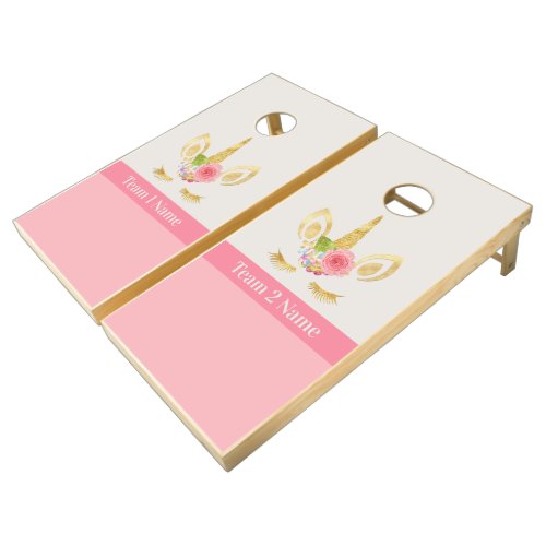 Gold Unicorn Pink Personalized Team Names Cornhole Set