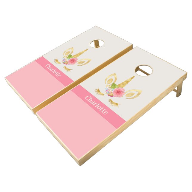 Gold Unicorn Pink Trim Personalized Cornhole Set (Angled)