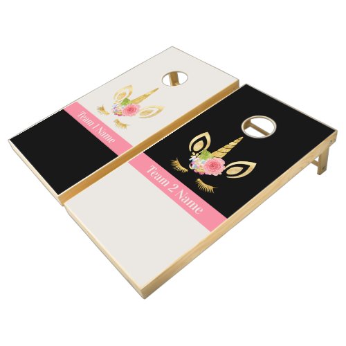 Gold Unicorn Pink Trim Personalized Team Names Cornhole Set
