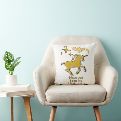 Gold unicorn pony horse with Golden stars Throw Pillow