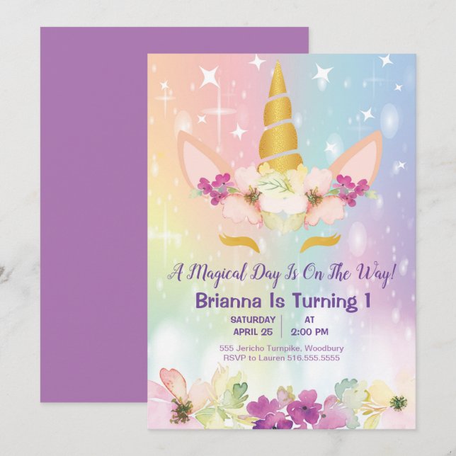 Gold Unicorn Rainbow 1st Birthday Invitation (Front/Back)