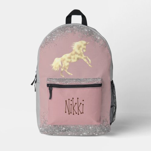 Gold Unicorn Silver Glitter Personalized Printed Backpack