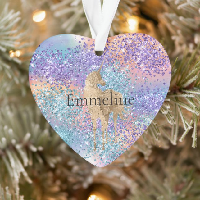 Gold Unicorn Sparkle Purple Aqua Pink Glitter Name Ornament (Tree)