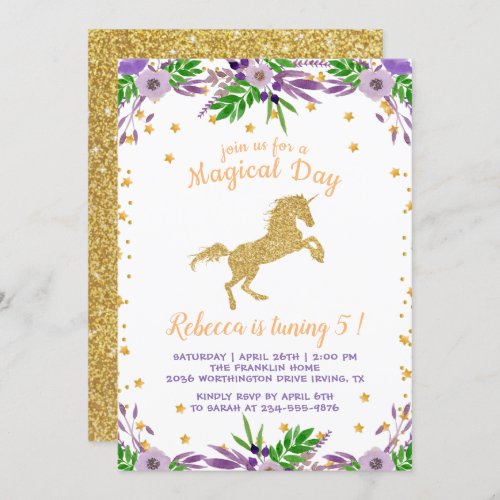 Gold Unicorn Watercolor Floral Birthday Party Invitation