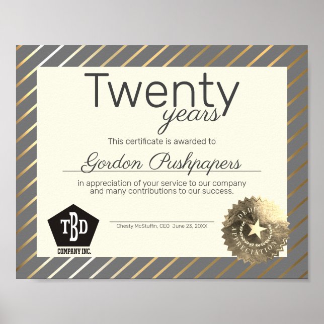 Gold universal employee anniversary certificate poster (Front)