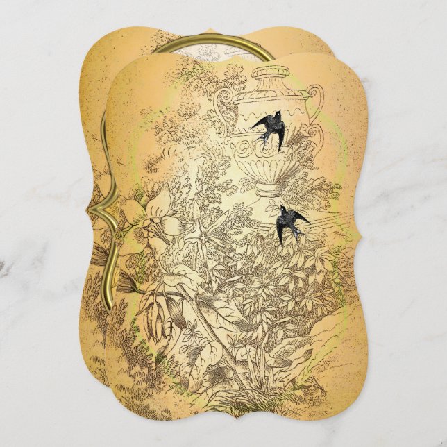 Gold Urn Vintage Birds Wedding Invitation (Front/Back)