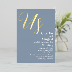 Gold US Modern Elegant Wedding on Dusty Blue Foil Invitation
