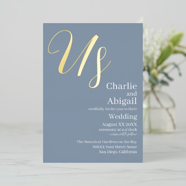 Gold US Modern Elegant Wedding on Dusty Blue Foil Invitation (Standing Front)