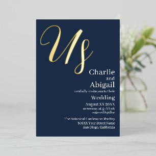 Gold US Modern Elegant Wedding on Navy Blue Foil Invitation