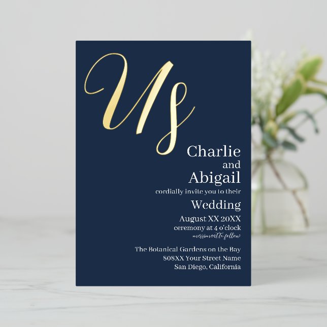 Gold US Modern Elegant Wedding on Navy Blue Foil Invitation (Standing Front)